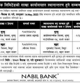 नबिल बैंकको शाखाहरु स्थानान्तरण हुने सम्बन्धी सूचना