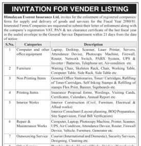 Invitation for Vendor Listing