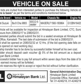 Himalayan Bank Vehicle Now Available for Sale!