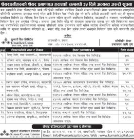 शेयरधनीहरुको शेयर प्रमाणपत्र हराएको सम्बन्धी ३५ दिने सूचना