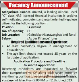Manjushree Finance Limited Seeks Candidates for Assistant Positions