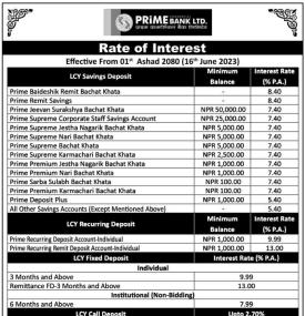 प्राइम कमर्सियल बैंकको नयाँ ब्याजदर सार्वजानिक, कुन खातामा कति पुग्यो ? - Interest Rates -