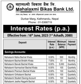महालक्ष्मी विकास बैंकको ब्याजदर परिवर्तनको सूचना - New Interest Rates -