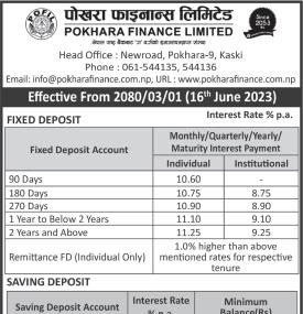 पोखरा फाइनान्सको नयाँ ब्याजदर सार्वजनिक भएको बारे सूचना