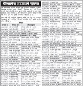 बीमालेख हराएको सम्बन्धी सूचना