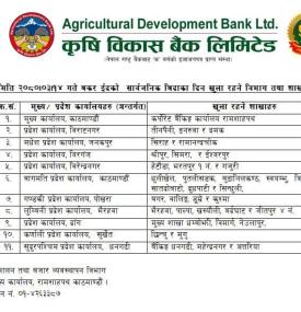 सार्वजनिक विदाको दिन खुल्ला रहने विभाग र शाखाबारे कृषि विकास बैंकको सूचना