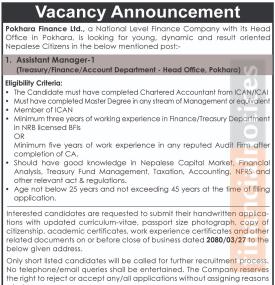 Pokhara Finance Seeks Qualified Candidates for Finance/Treasury Department