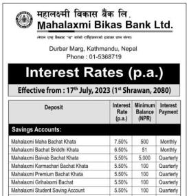 महालक्ष्मी विकास बैंकको ब्याजदर परिवर्तनको सूचना - New Interest Rates -