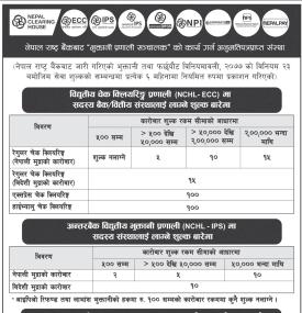 विद्युतीय चेक क्लियरिङ्ग तथा अन्तरबैंक भुक्तानीमा लाग्ने शुल्क सम्बन्धमा नयाँ सूचना जारी