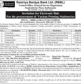Invitation for Electronic Bids for the procurement of Various Printing Stationeries
