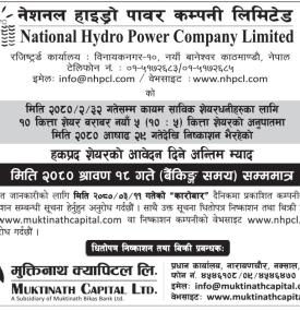 नेशनल हाइड्रोको हकप्रद शेयरको आवेदन दिने अन्तिम म्यादबारे सूचना