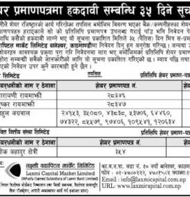शेयर प्रमाणपत्रमा हकदावी सम्बन्धी सूचना