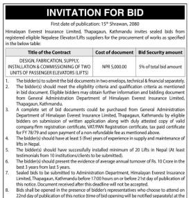 Invitation for Sealed Bids: Elevator/Lift Procurement by Himalayan Everest Insurance Limited