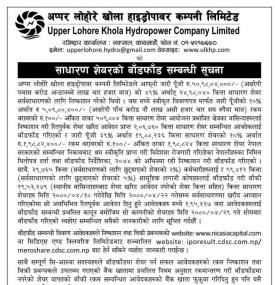 अप्पर लोहोरे खोला हाइड्रोपावरको साधारण शेयर (IPO) को बाँडफाँड सम्बन्धी सूचना