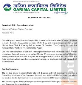 Job Opportunity: Operations Analyst Trainee Assistant at Garima Capital Limited