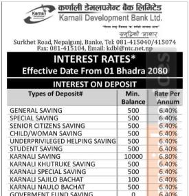 कर्णाली डेभलपमेण्ट बैंकको भदौ १ गतेदेखि लागु हुने नयाँ ब्याजदर सार्वजनिक