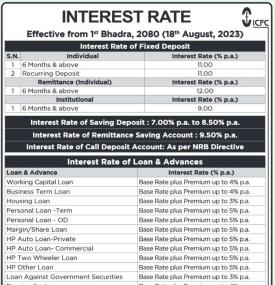 ICFC फाइनान्सको भदौ १ गतेदेखि लागु हुने नयाँ ब्याजदर सार्वजनिक सम्बन्धी सूचना