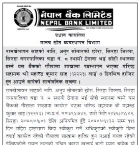 सात दिनभित्र हाजिरहुन आउने सम्बन्धमा नेपाल बैंकको जरुरी सूचना