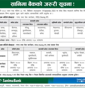 सानिमा बैंकको शाखा कार्यालय खुल्ला रहने समयतालिका सम्बन्धी सूचना