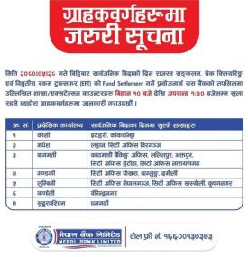 सार्वजनिक विदाको दिन नेपाल बैंकका शाखाहरु कतिबजे सम्म खुल्ला रहन्छन् ?