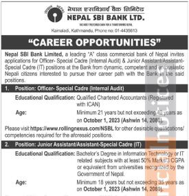 Career Opportunities at Nepal SBI Bank for different Positions