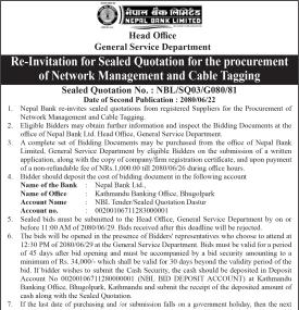 Re-Invitation for Sealed Quotation for the procurement of Network Management and Cable Tagging