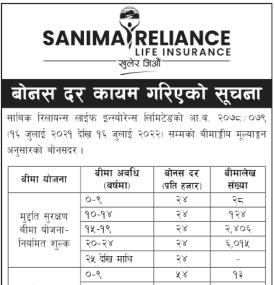 बोनश दर कायम गरिएको सम्बन्धी सूचना