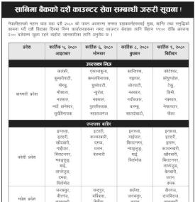 सानिमा बैंकको दशैं काउण्टर सेवा सम्बन्धी जरुरी सूचना
