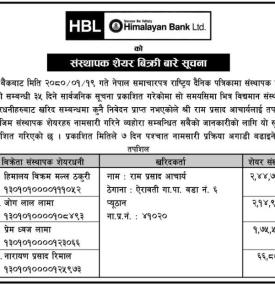 संस्थापक शेयर बिक्री सम्बन्धी सूचना