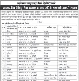 शाखारहित बैकिङ्ग सेवा स्थानहरु बन्द गरिने सम्बन्धी सूचना