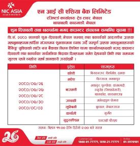 एनआइसी एशिया बैंकको शाखा खुल्ला रहने सम्बन्धी सूचना 
