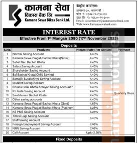 कामना सेवा विकास बैंकको नयाँ ब्याजदर सार्वजनिक भएको सम्बन्धी सूचना
