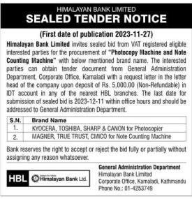 Sealed Tender Notice -