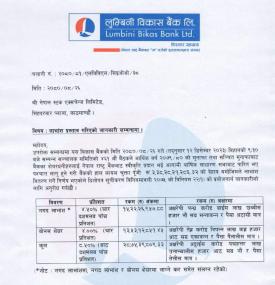 लुम्बिनी विकास बैंकको लाभांश घोषणा सम्बन्धी सूचना