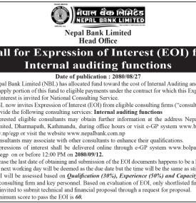 Call for Expression of Interest (EOI) for Internal Auditing Function