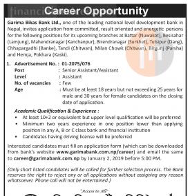 विकास बैंकमा जागिर खुल्यो- Career 