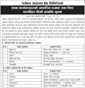 शाखा कार्यालयहरुको आन्तरिक सजावट तथा स्थिर सम्पत्तिहरु बिक्री सम्बन्धी सूचना