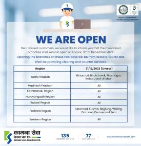 कामना सेवा विकास बैंकको शाखा खुल्ला रहने बारे जरुरी सूचना