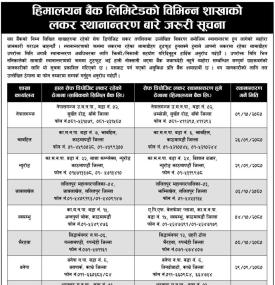 हिमालयन बैंकको विभिन्न शाखाको लकर स्थानान्तरण सम्बन्धी सूचना