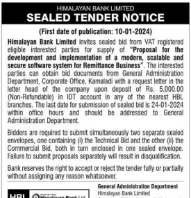 Sealed Tender Notice