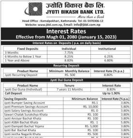 ज्योति विकास बैंकको नयाँ ब्याजदर सार्वजानिक, हेर्नुहोस् कुन खातामा कति पुग्यो ?