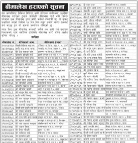 बीमालेख हराएको सम्बन्धी सूचना