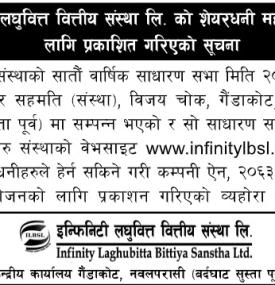 इन्फिनिटी लघुवित्तको शेयरधनीहरुको लागि प्रकाशित गरिएको जरुरी सूचना