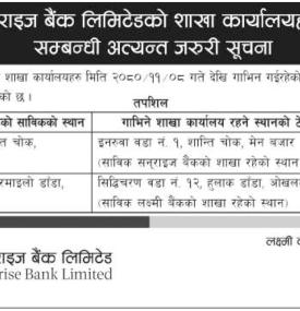 लक्ष्मी सन्राइज बैंकको शाखाहरु गाभिने सम्बधी सूचना