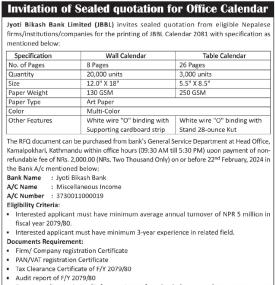 Invitation of Sealed Quotation for Office Calendar