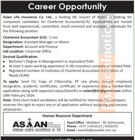 Career Opportunity at Asian Life Insurance Co. Ltd. for Chartered Accountants