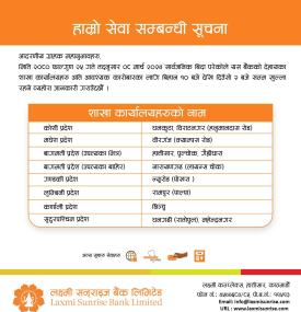 लक्ष्मी सन्राइज बैंकको शाखा कार्यालय खुल्ला रहने बारे जरुरी सूचना