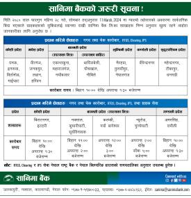 सानिमा बैंकको शाखा खुल्ला रहने सम्बन्धी अत्यन्त जरुरी सूचना