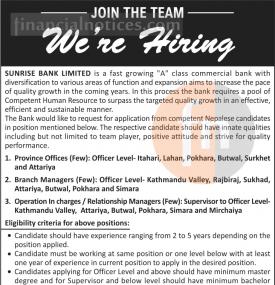Sunrise बैंकमा जागिर खुल्यो - Banking Job
