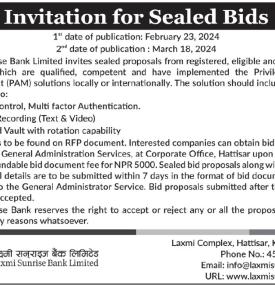 Laxmi Sunrise Bank Publishes Invitation for Bids Notice -